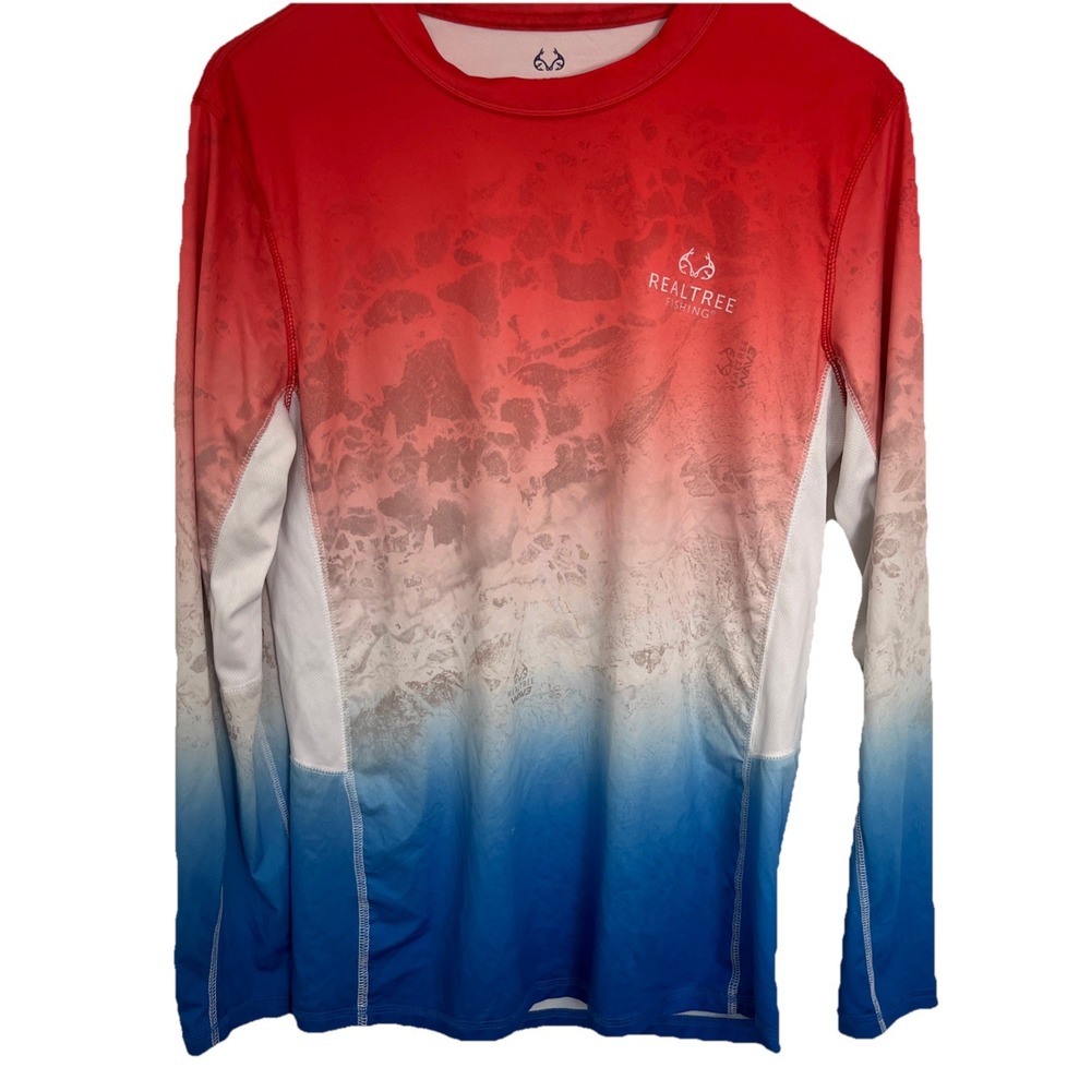 Realtree Fishing Mens Small Red White Blue Ombre Camo Performance Shirt L/S